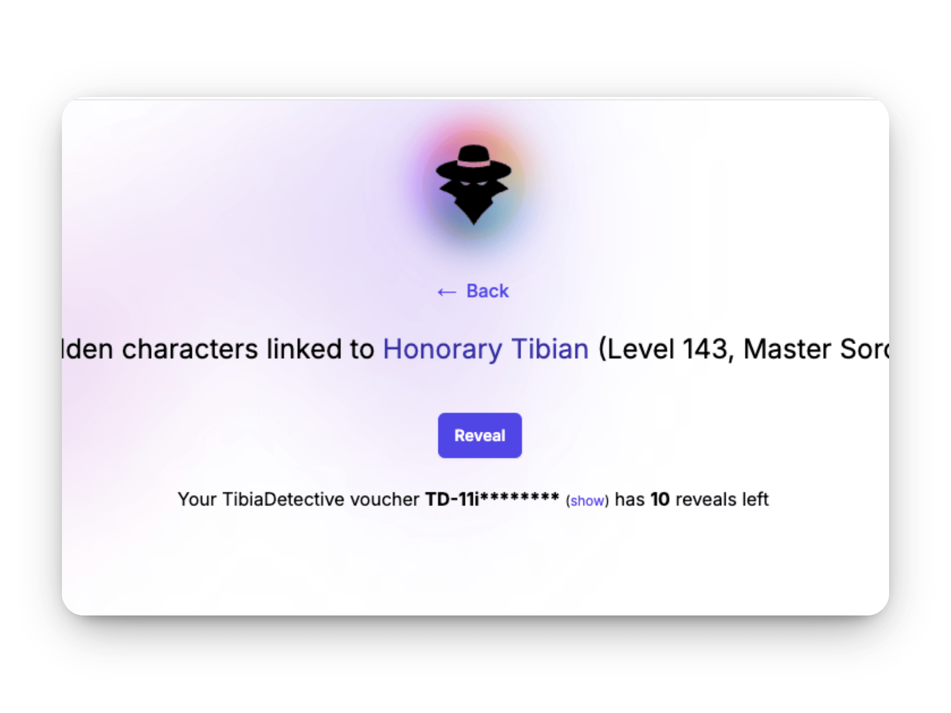Reveal button with a list of character names appearing.