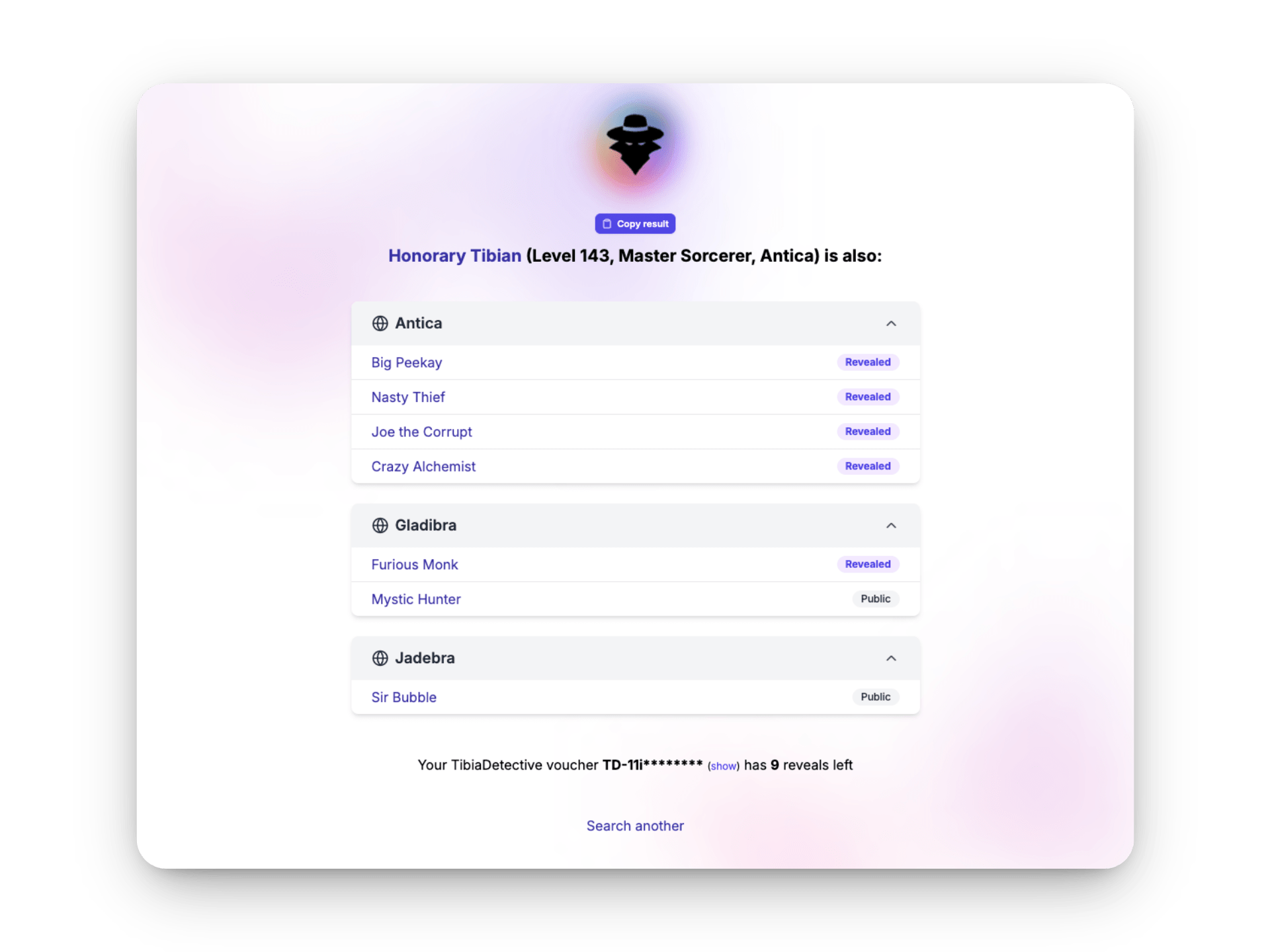 A list of revealed character names associated with the searched character.